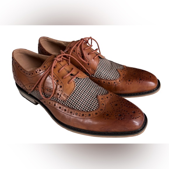 Justin Reece England Gerard Mens Smart Check Tweed Leather Dress